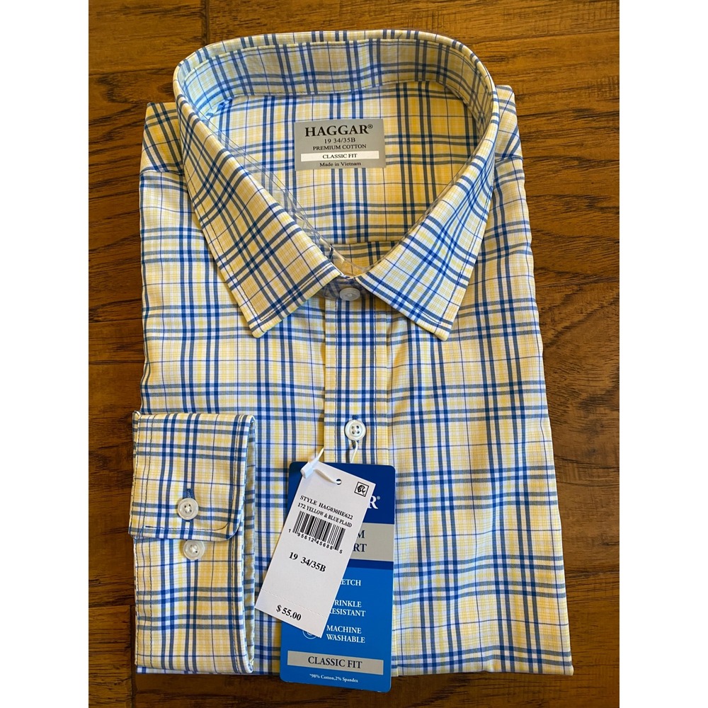 Haggar Mens Dress Shirt 19 34/35 Yellow Blue Plaid Classic Fit HAG030HE622‎ NEW